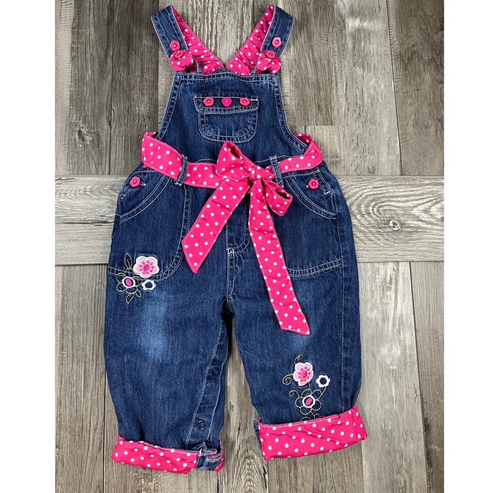 KB Baby Girls Dark Wash Denim Overalls Pink Polka Dot Bow Floral 12-18 Months